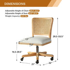 Chaise de bureau pivotante à dossier en rotin gris/beige/lin/cendré/jaune, pieds en bois massif, siège unique