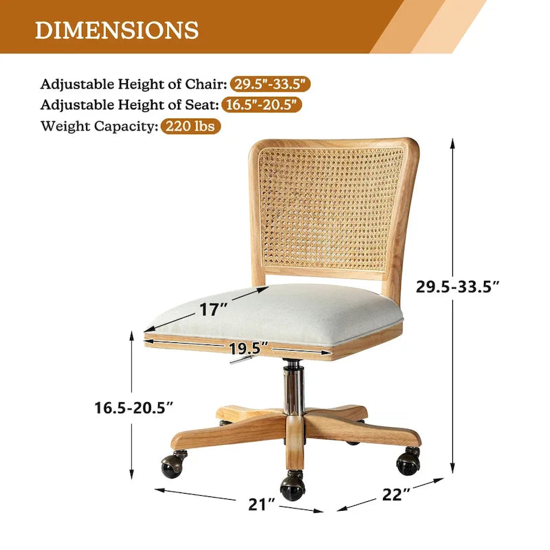 Chaise de bureau pivotante à dossier en rotin gris/beige/lin/cendré/jaune, pieds en bois massif, siège unique