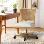 Chaise de bureau pivotante à dossier en rotin gris/beige/lin/cendré/jaune, pieds en bois massif, siège unique