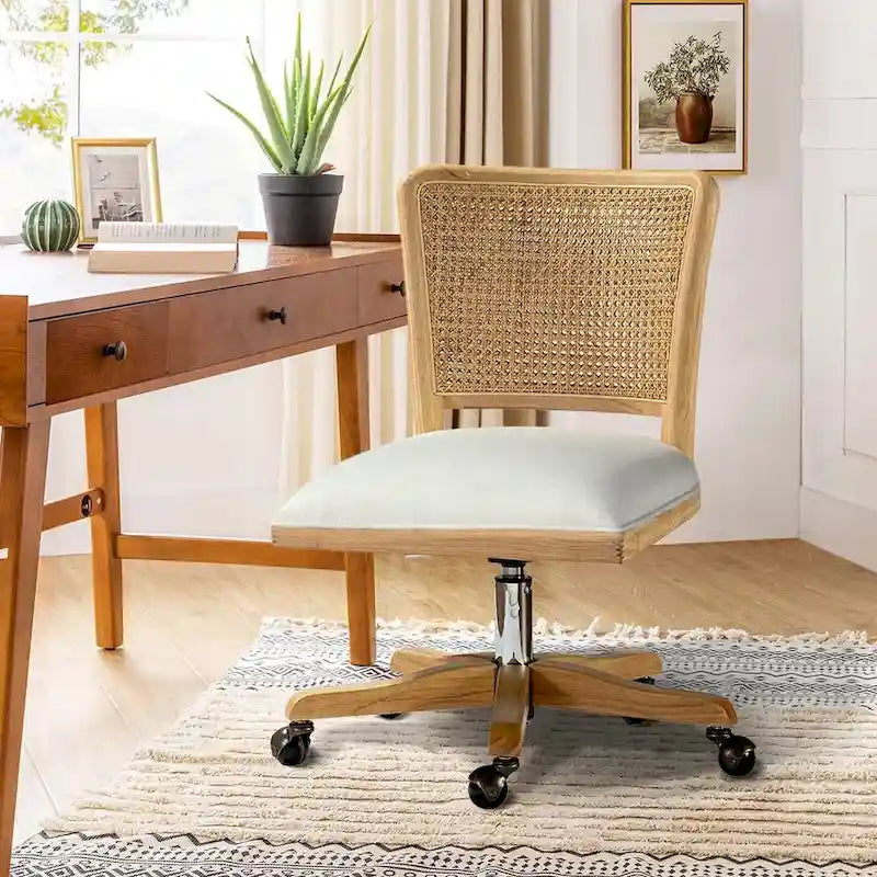 Chaise de bureau pivotante à dossier en rotin gris/beige/lin/cendré/jaune, pieds en bois massif, siège unique