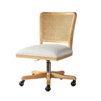 Chaise de bureau pivotante à dossier en rotin gris/beige/lin/cendré/jaune, pieds en bois massif, siège unique