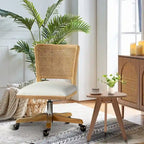 Chaise de bureau pivotante à dossier en rotin gris/beige/lin/cendré/jaune, pieds en bois massif, siège unique