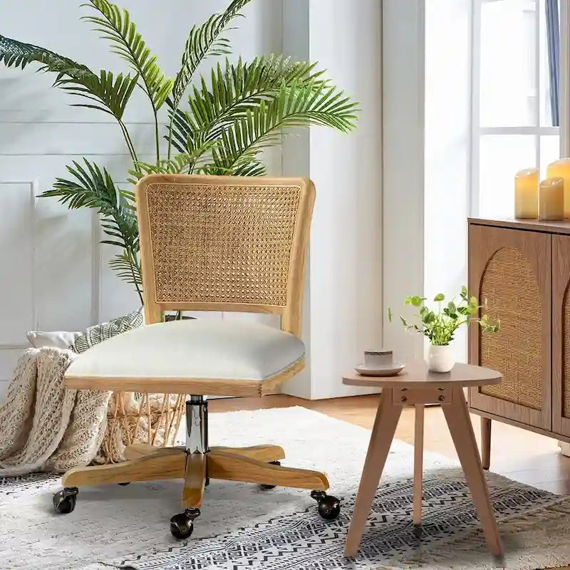 Chaise de bureau pivotante à dossier en rotin gris/beige/lin/cendré/jaune, pieds en bois massif, siège unique