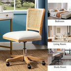 Chaise de bureau pivotante à dossier en rotin gris/beige/lin/cendré/jaune, pieds en bois massif, siège unique