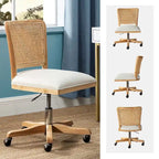 Chaise de bureau pivotante à dossier en rotin gris/beige/lin/cendré/jaune, pieds en bois massif, siège unique