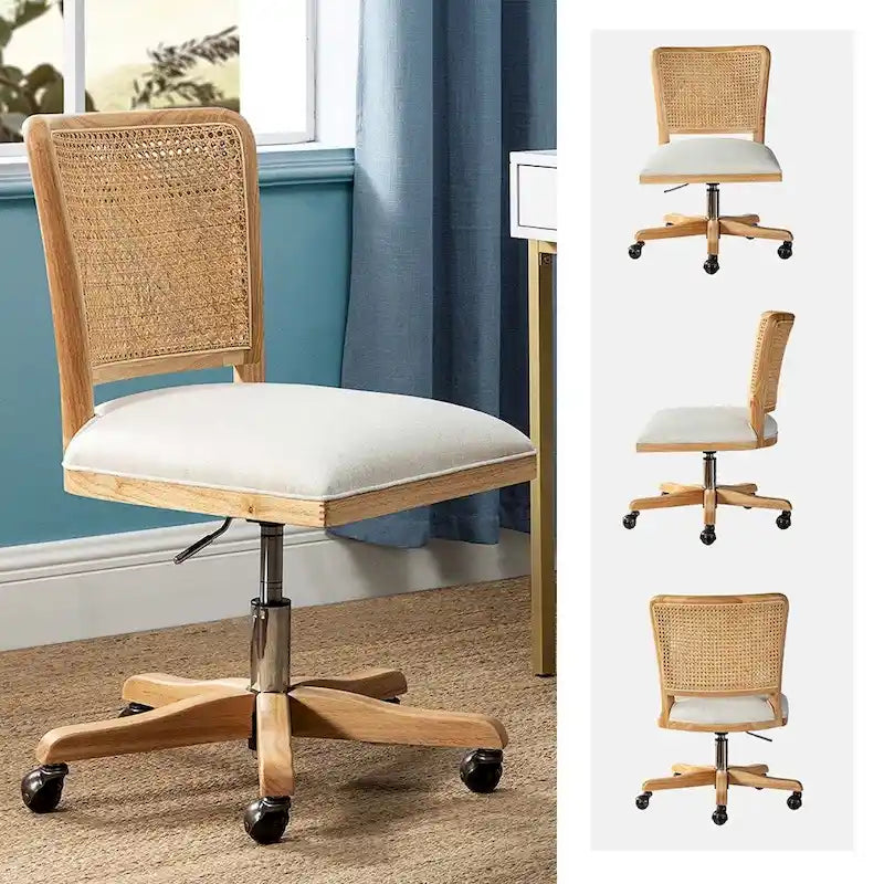 Chaise de bureau pivotante à dossier en rotin gris/beige/lin/cendré/jaune, pieds en bois massif, siège unique