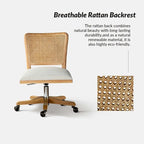 Chaise de bureau pivotante à dossier en rotin gris/beige/lin/cendré/jaune, pieds en bois massif, siège unique