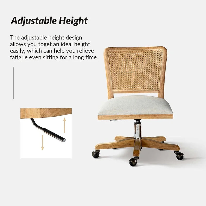 Chaise de bureau pivotante à dossier en rotin gris/beige/lin/cendré/jaune, pieds en bois massif, siège unique