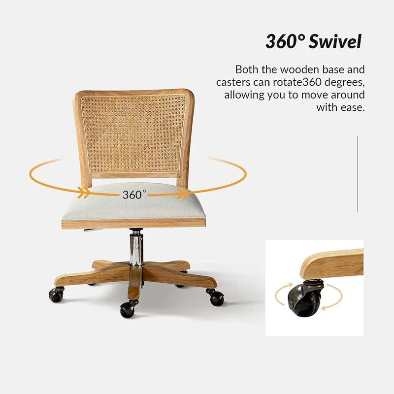 Chaise de bureau pivotante à dossier en rotin gris/beige/lin/cendré/jaune, pieds en bois massif, siège unique