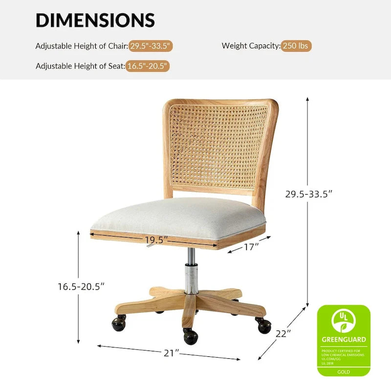 Chaise de bureau pivotante à dossier en rotin gris/beige/lin/cendré/jaune, pieds en bois massif, siège unique