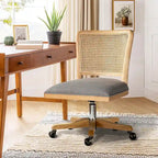 Chaise de bureau pivotante à dossier en rotin gris/beige/lin/cendré/jaune, pieds en bois massif, siège unique