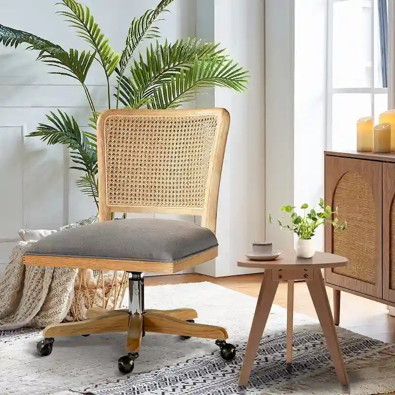 Chaise de bureau pivotante à dossier en rotin gris/beige/lin/cendré/jaune, pieds en bois massif, siège unique