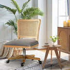 Chaise de bureau pivotante à dossier en rotin gris/beige/lin/cendré/jaune, pieds en bois massif, siège unique