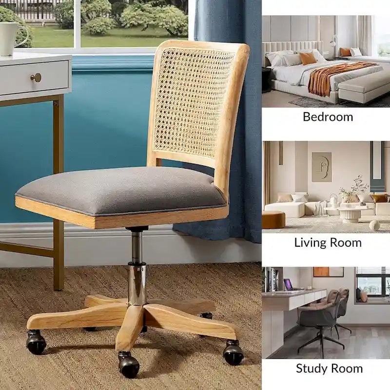 Chaise de bureau pivotante à dossier en rotin gris/beige/lin/cendré/jaune, pieds en bois massif, siège unique