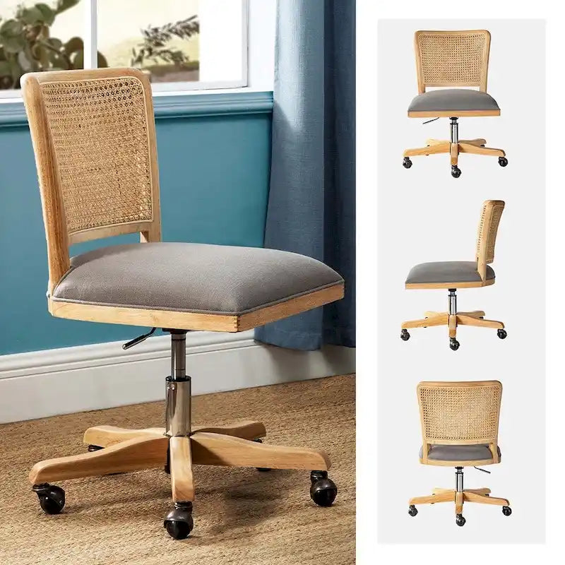 Chaise de bureau pivotante à dossier en rotin gris/beige/lin/cendré/jaune, pieds en bois massif, siège unique