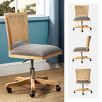 Chaise de bureau pivotante à dossier en rotin gris/beige/lin/cendré/jaune, pieds en bois massif, siège unique