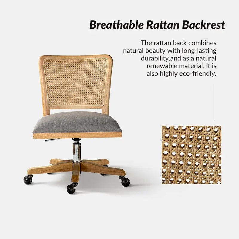 Chaise de bureau pivotante à dossier en rotin gris/beige/lin/cendré/jaune, pieds en bois massif, siège unique