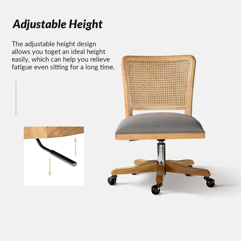 Chaise de bureau pivotante à dossier en rotin gris/beige/lin/cendré/jaune, pieds en bois massif, siège unique