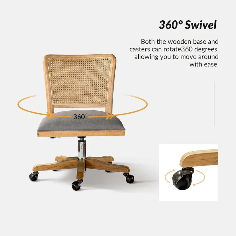 Chaise de bureau pivotante à dossier en rotin gris/beige/lin/cendré/jaune, pieds en bois massif, siège unique