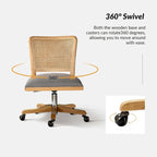 Chaise de bureau pivotante à dossier en rotin gris/beige/lin/cendré/jaune, pieds en bois massif, siège unique