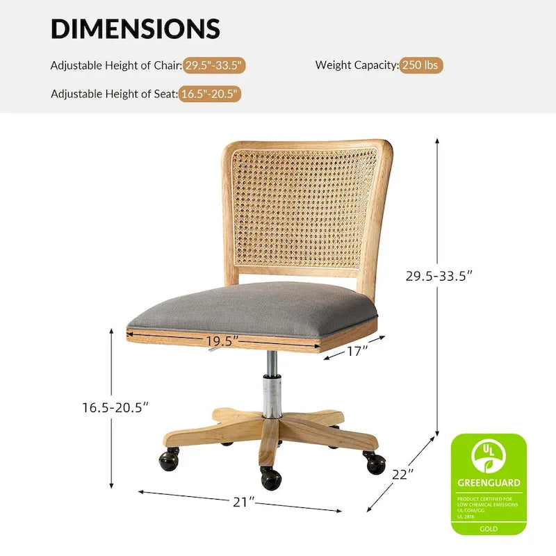 Chaise de bureau pivotante à dossier en rotin gris/beige/lin/cendré/jaune, pieds en bois massif, siège unique