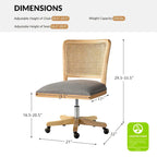 Chaise de bureau pivotante à dossier en rotin gris/beige/lin/cendré/jaune, pieds en bois massif, siège unique