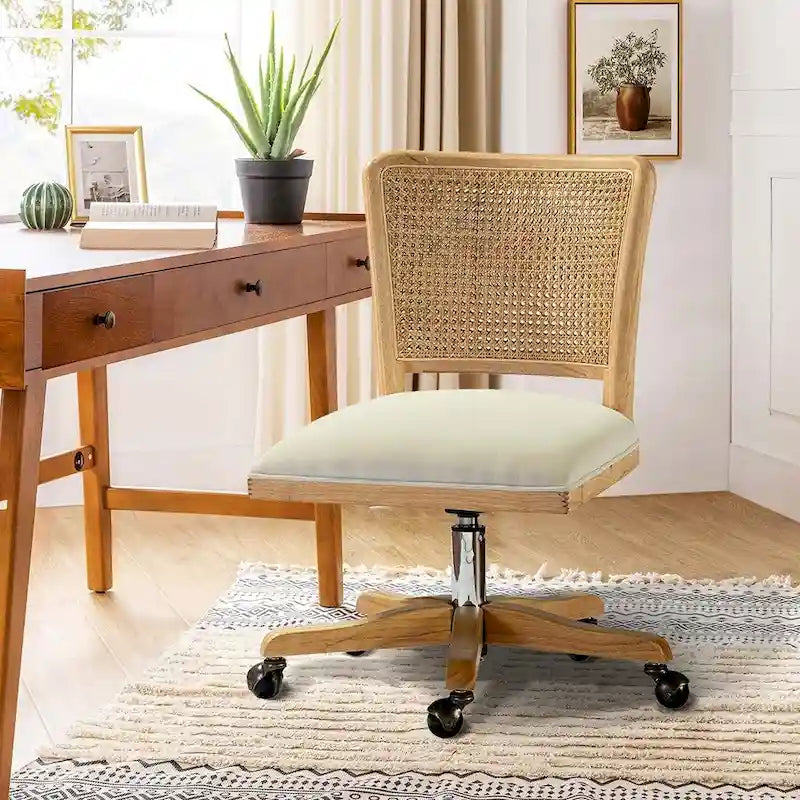 Chaise de bureau pivotante à dossier en rotin gris/beige/lin/cendré/jaune, pieds en bois massif, siège unique