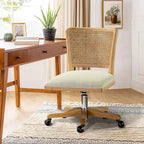 Chaise de bureau pivotante à dossier en rotin gris/beige/lin/cendré/jaune, pieds en bois massif, siège unique