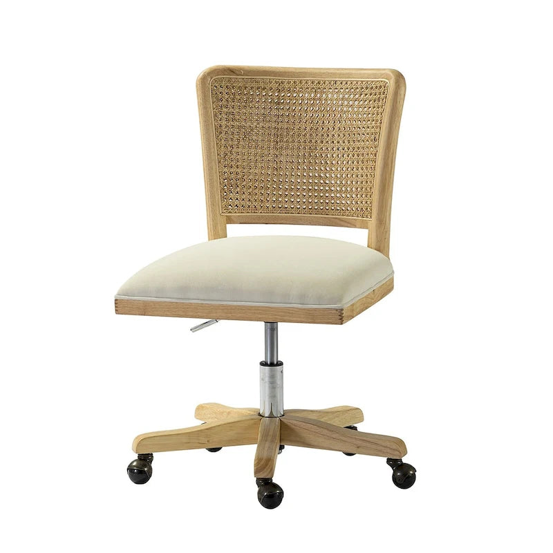 Chaise de bureau pivotante à dossier en rotin gris/beige/lin/cendré/jaune, pieds en bois massif, siège unique