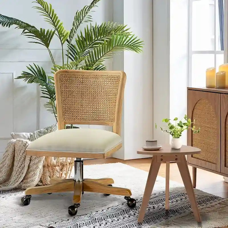Chaise de bureau pivotante à dossier en rotin gris/beige/lin/cendré/jaune, pieds en bois massif, siège unique