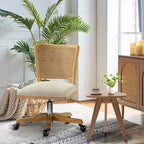 Chaise de bureau pivotante à dossier en rotin gris/beige/lin/cendré/jaune, pieds en bois massif, siège unique