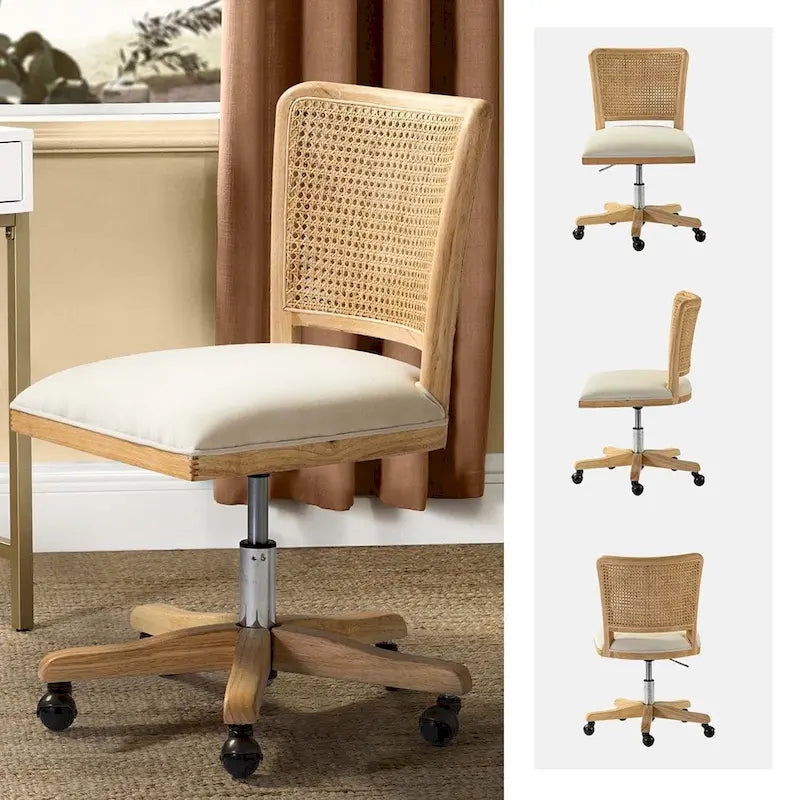 Chaise de bureau pivotante à dossier en rotin gris/beige/lin/cendré/jaune, pieds en bois massif, siège unique