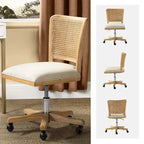 Chaise de bureau pivotante à dossier en rotin gris/beige/lin/cendré/jaune, pieds en bois massif, siège unique