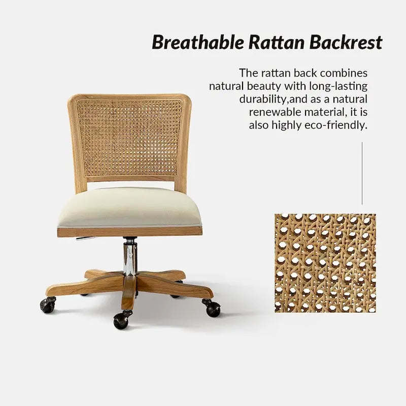 Chaise de bureau pivotante à dossier en rotin gris/beige/lin/cendré/jaune, pieds en bois massif, siège unique