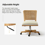 Chaise de bureau pivotante à dossier en rotin gris/beige/lin/cendré/jaune, pieds en bois massif, siège unique