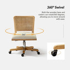 Chaise de bureau pivotante à dossier en rotin gris/beige/lin/cendré/jaune, pieds en bois massif, siège unique
