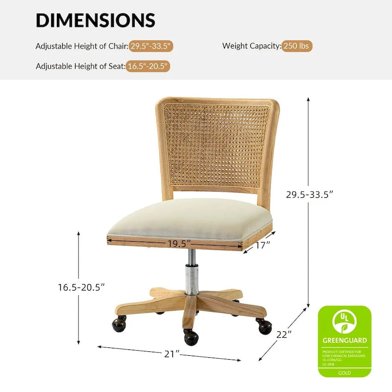 Chaise de bureau pivotante à dossier en rotin gris/beige/lin/cendré/jaune, pieds en bois massif, siège unique