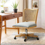 Chaise de bureau pivotante à dossier en rotin gris/beige/lin/cendré/jaune, pieds en bois massif, siège unique