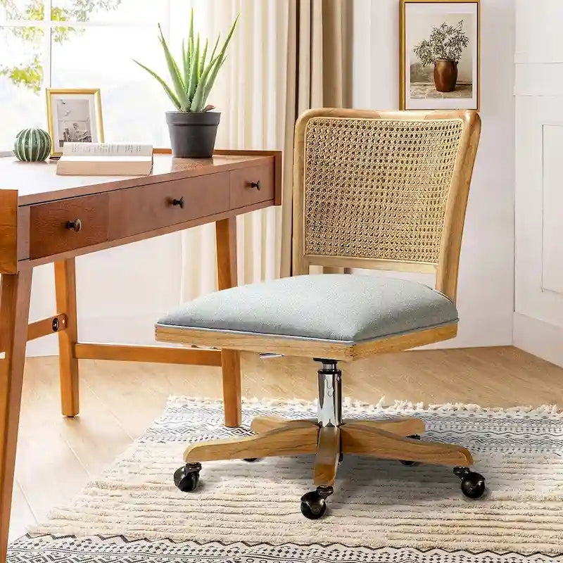 Chaise de bureau pivotante à dossier en rotin gris/beige/lin/cendré/jaune, pieds en bois massif, siège unique