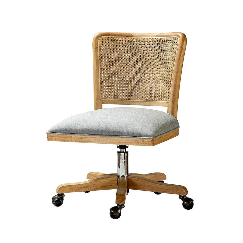 Chaise de bureau pivotante à dossier en rotin gris/beige/lin/cendré/jaune, pieds en bois massif, siège unique