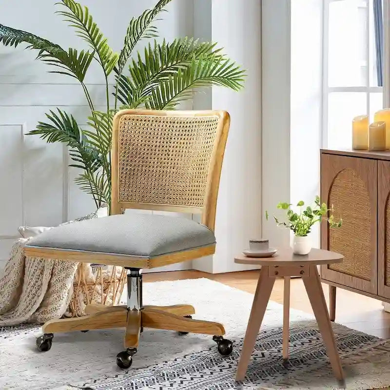Chaise de bureau pivotante à dossier en rotin gris/beige/lin/cendré/jaune, pieds en bois massif, siège unique