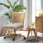 Chaise de bureau pivotante à dossier en rotin gris/beige/lin/cendré/jaune, pieds en bois massif, siège unique