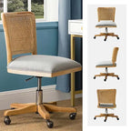 Chaise de bureau pivotante à dossier en rotin gris/beige/lin/cendré/jaune, pieds en bois massif, siège unique