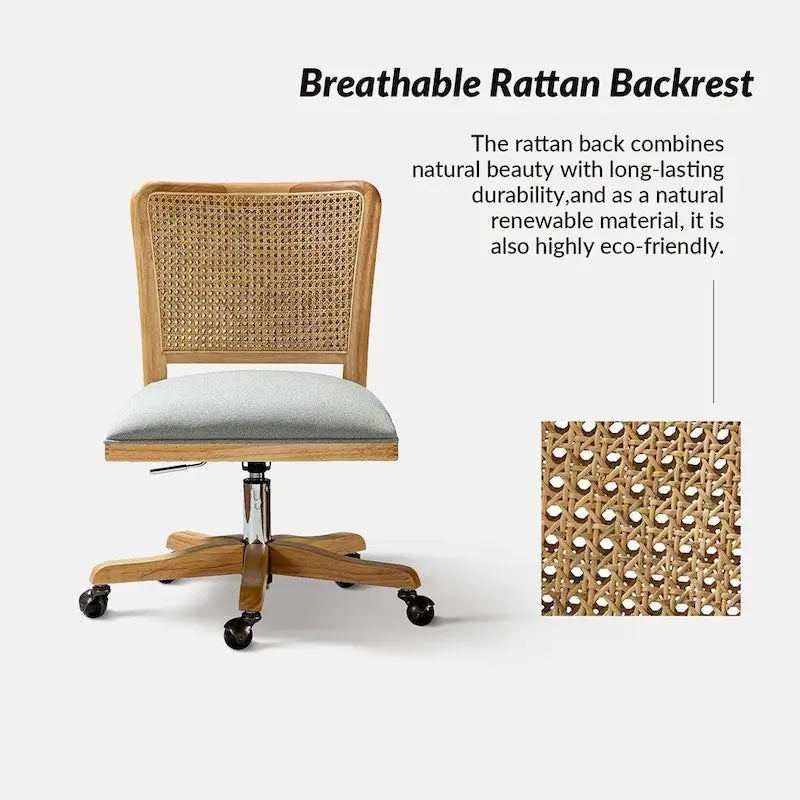 Chaise de bureau pivotante à dossier en rotin gris/beige/lin/cendré/jaune, pieds en bois massif, siège unique