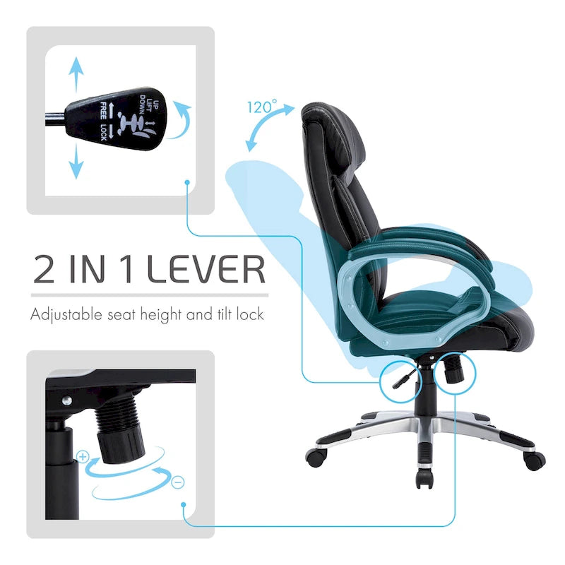 Fauteuil de bureau de direction en cuir synthétique marron foncé / blanc / noir, une personne, roulettes