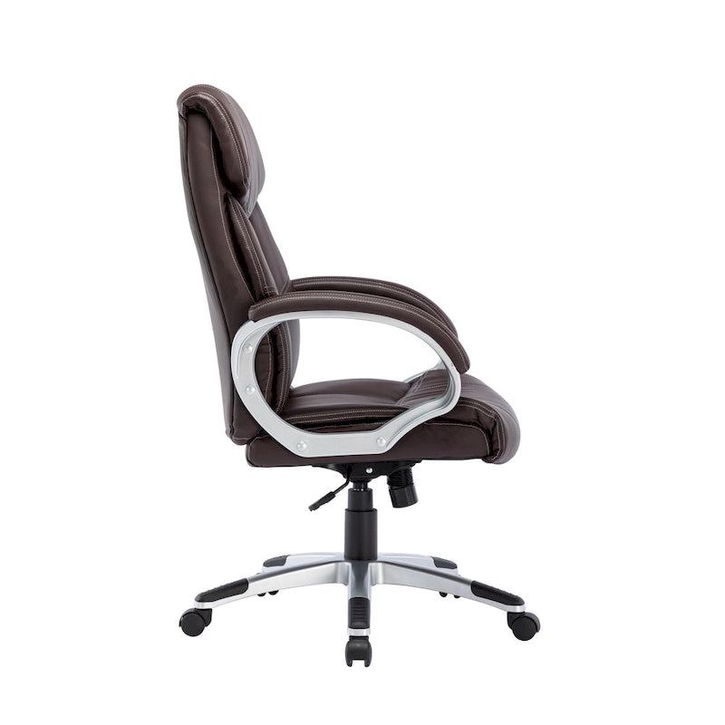 Fauteuil de bureau de direction en cuir synthétique marron foncé / blanc / noir, une personne, roulettes