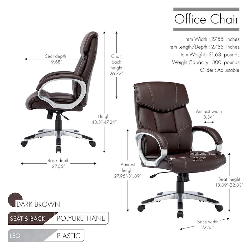 Fauteuil de bureau de direction en cuir synthétique marron foncé / blanc / noir, une personne, roulettes