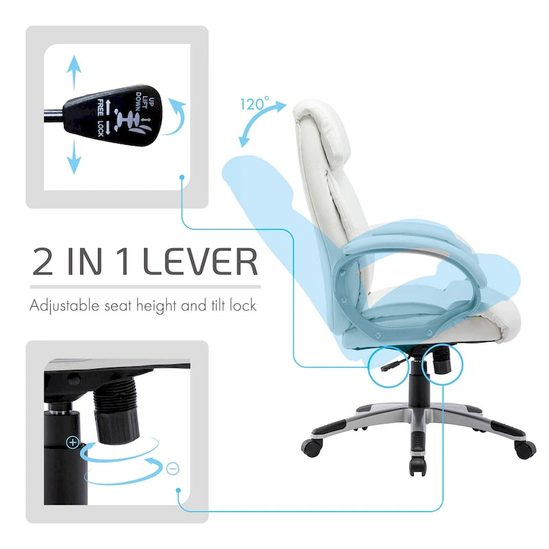 Fauteuil de bureau de direction en cuir synthétique marron foncé / blanc / noir, une personne, roulettes