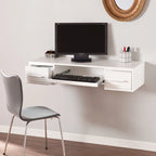 Bureau flottant mural blanc avec 2 tiroirs, 1 personne