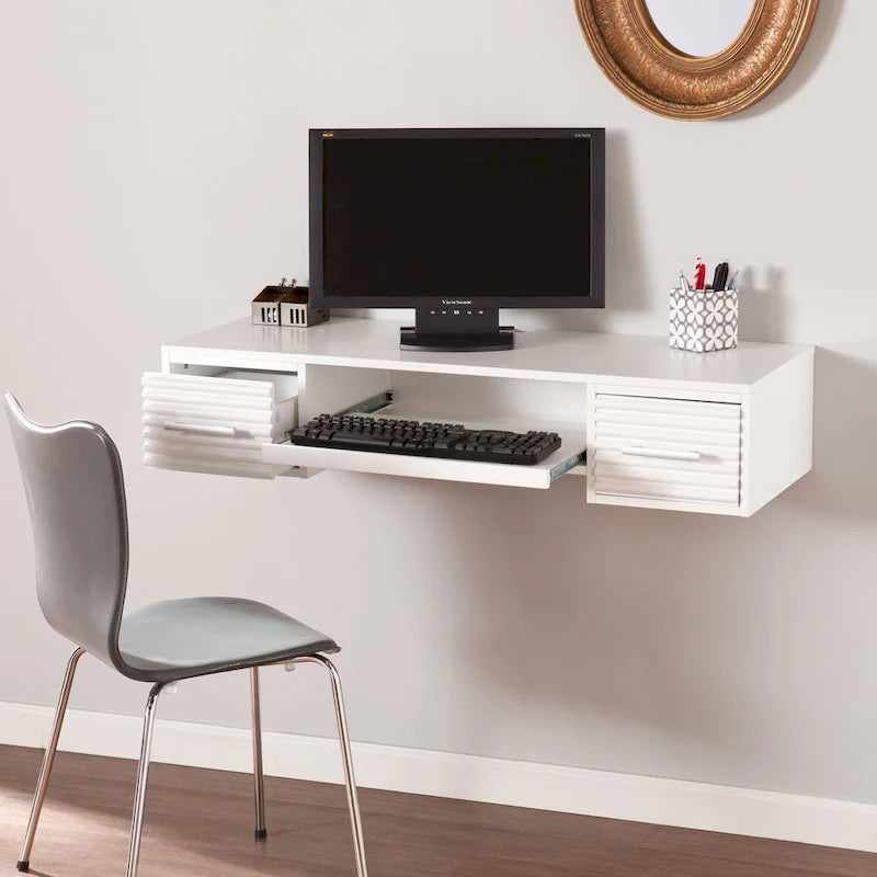 Bureau flottant mural blanc avec 2 tiroirs, 1 personne